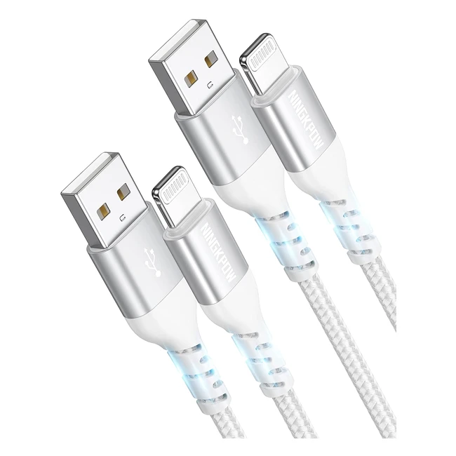 Ningkpow iPhone Ladekabel 2m 2er Pack - MFi-zertifiziert, Nylon-Lightning auf USB Kabel für iPhone 14/13/12/11, Pro Max/Mini, XR/XS/X/8/7/6/6s Plus, 5 SE - Silber