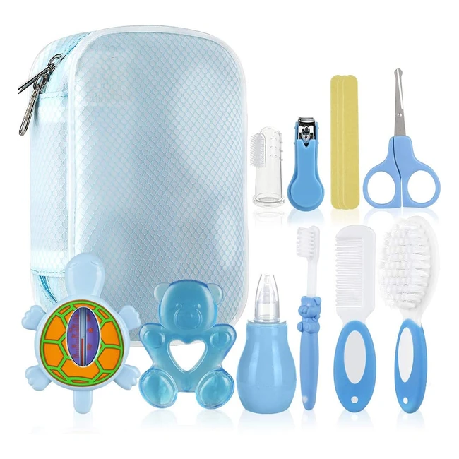Trousse de Soin Bébé Lictin - Kit 12pcs Portable avec Thermomètre de Bain, Coupe-Ongles, Ciseaux, Peigne pour Bébé Bleu