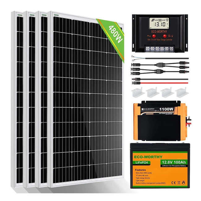 ECOWORTHY 2 kWh Solar System 480W 24V für Camper Vans: 4x 120W Solar Module, 60A Laderegler, 2x 50Ah Lithium-Batterien, 1500W Wechselrichter