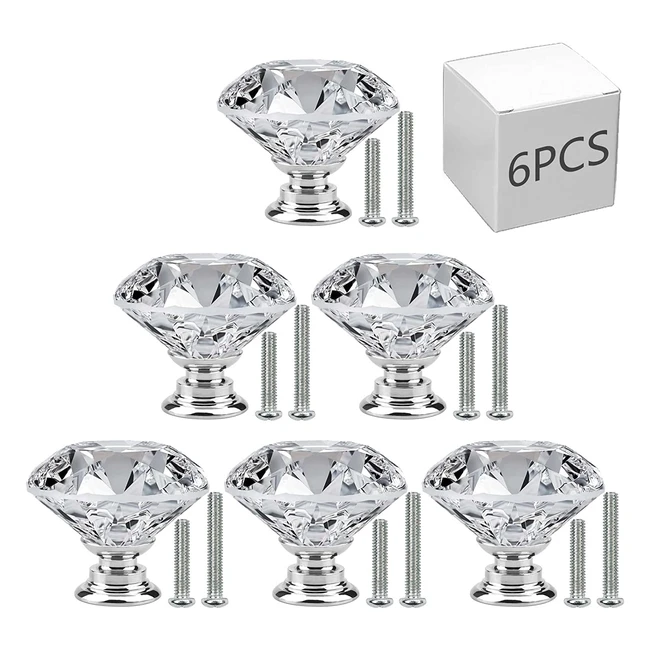 Jiidaa Crystal Glass Diamond Cabinet Knobs - Set of 6 with Screws - for Dresser 