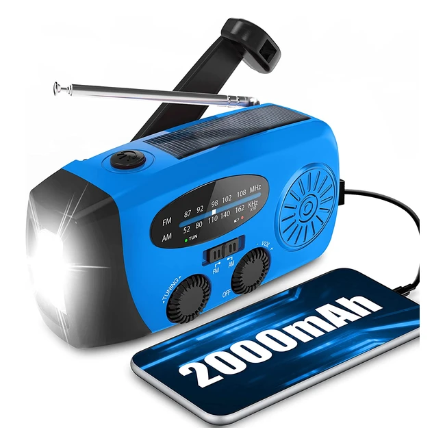 Emergency Wind Up Radio with Phone Charger & Flashlight - AM/FM Solar Hand Crank Survival Radio for Outdoor Camping Travel - Blue