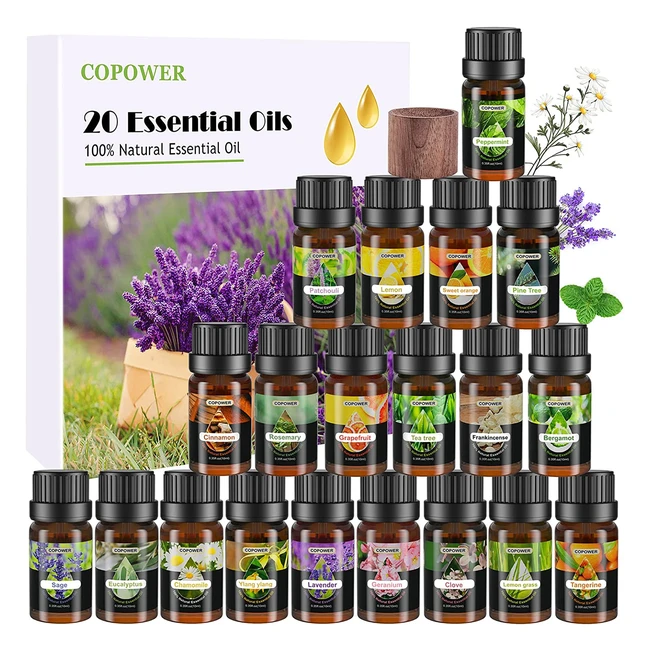 20 x 10ml Copower Essential Oils Set for Aromatherapy - Lavender Lemon Rosemar