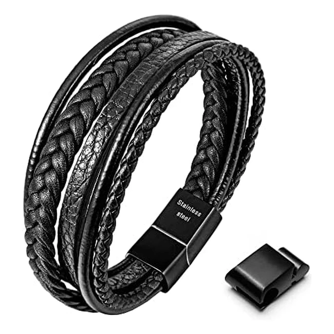 Speroto Mens Leather Bracelet - Adjustable Multilayer Magnetic Clasp - Black