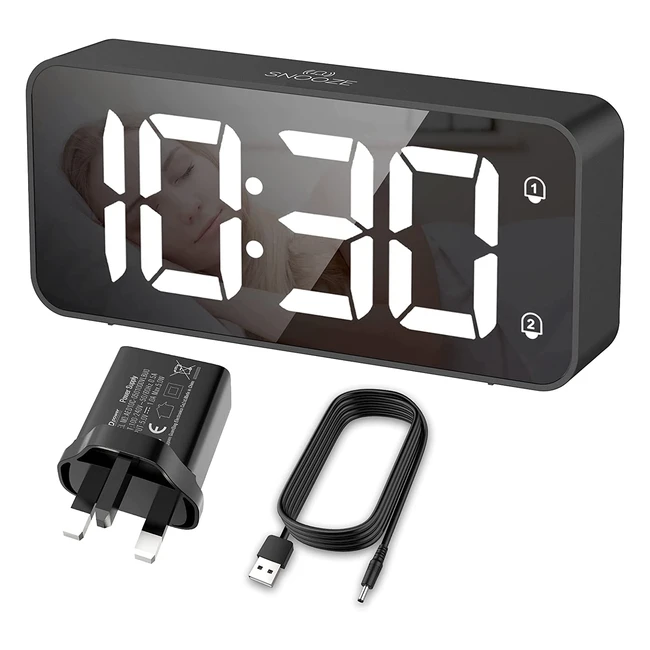 Hermic Alarm Clock - Large LED Display, Dual Alarms, USB Charging Port, Easy to Use - Black