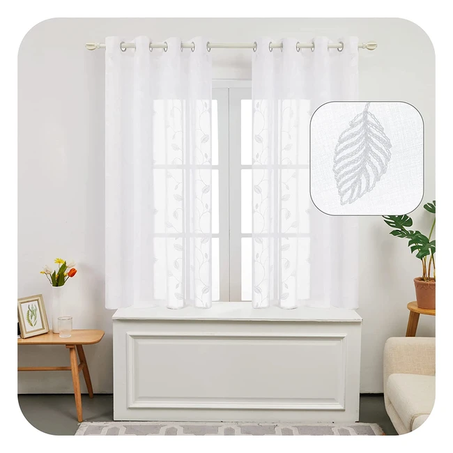 Lot de 2 rideaux voilage Umi blanc effet lin brod avec motif plantes - 140x175
