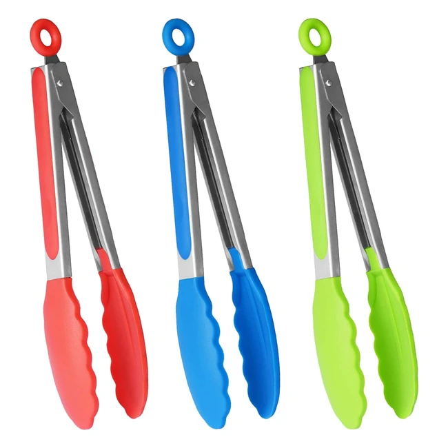 Hinmay Kitchen Silicone Tongs Set of 3 - Stainless Steel Non-Stick Heat Resist