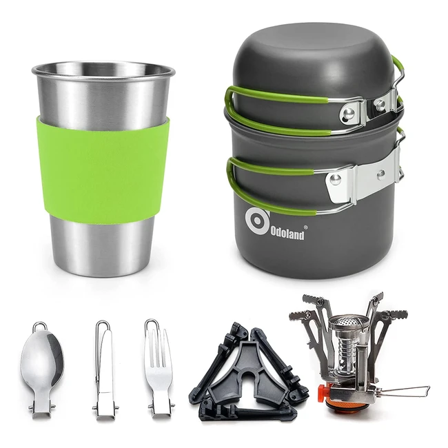 Set Pentole da Campeggio Odoland - Antiaderente in Alluminio - Fornellino, Tazza e Posate Pieghevoli - Kit Cucina per Escursioni