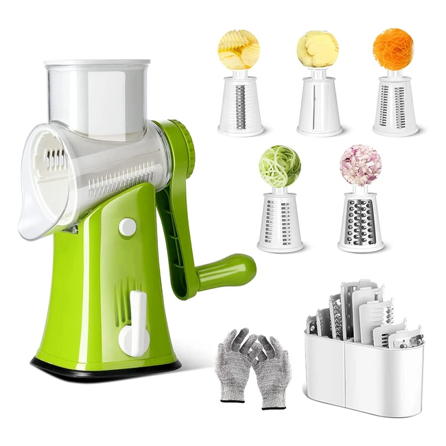 MasterTop Rotary Cheese Grater Handheld Slicer with 5 Blades - Salad, Nuts, Fruits, Pizza - Cut Proof Gloves Included