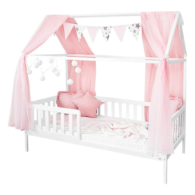 Alcube House Bed Decoration - Pink Canopy with Fairy Lights & Pennant - 160x290cm - For Beds 160-200cm