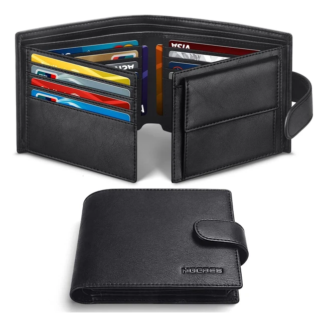Hocres RFID Blocking Leather Wallet for Men - 14 Card Slots, 2 Banknote Compartments, 2 ID Windows