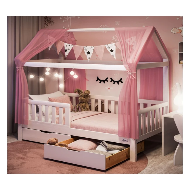 Alcube Hausbett 90x200 cm mit Absturzsicherung, Lattenrost, Matratze, Schubladen und Dekoration in Pink, Kinderbett aus Kiefernholz in Weiß