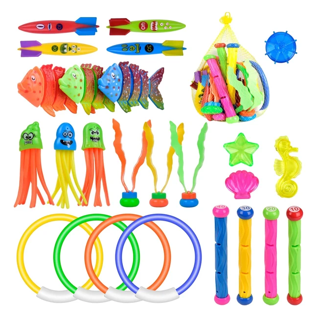 Ensemble de jouets de plongée Balnore - 28 pièces pour piscine et natation - Anneaux, bâtons, pierres, balles, jouets sous l'eau - Jouets pour enfants
