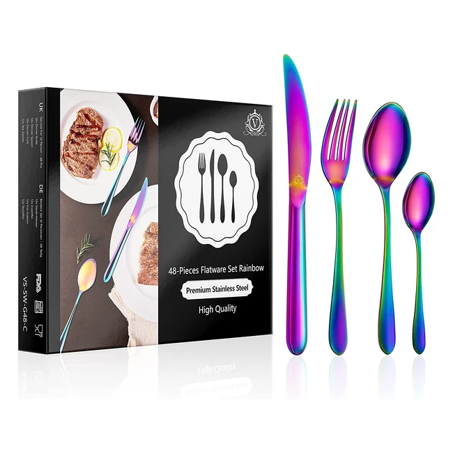 Vancasso Rainbow Flatware Set for 12 - Food-Grade Stainless Steel Cutlery Set with Mirror Polish & Ergonomic Design