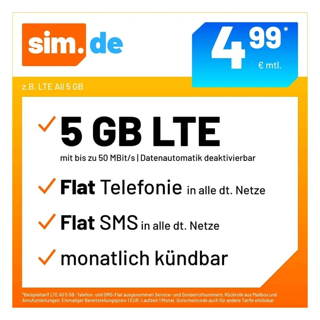 Handytarif SIMDE LTE All 5 GB - Flat Telefonie SMS Internet und EU-Ausland f