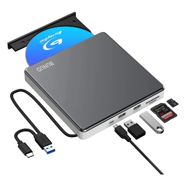 External Blu Ray DVD Drive USB 3.0 Type-C Burner Writer - SD/TF Card Slot, 2 USB Ports, Slim Optical Drive for Laptop Mac Windows - 6x Blu Ray Reading Speed