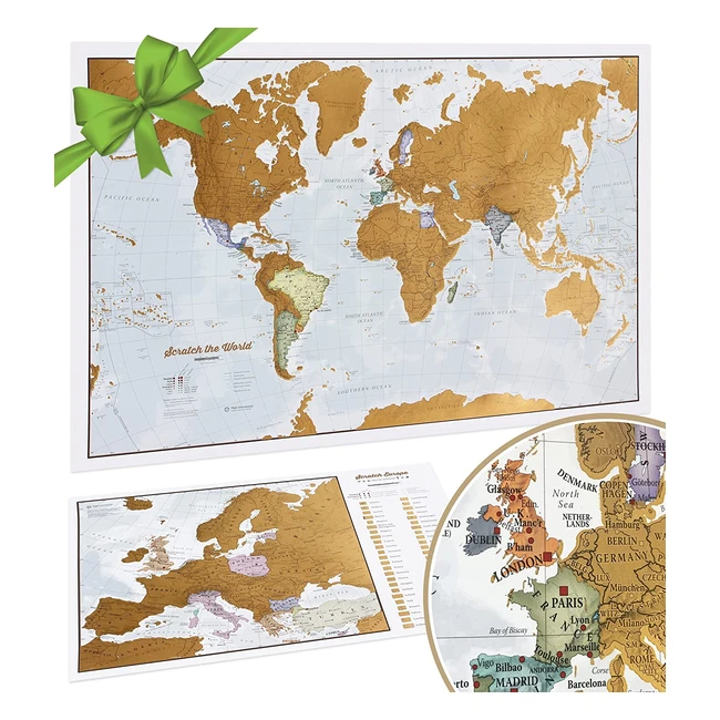 Mapa del mundo de rascar con detalles cartográficos y mapa de Europa - Maps International