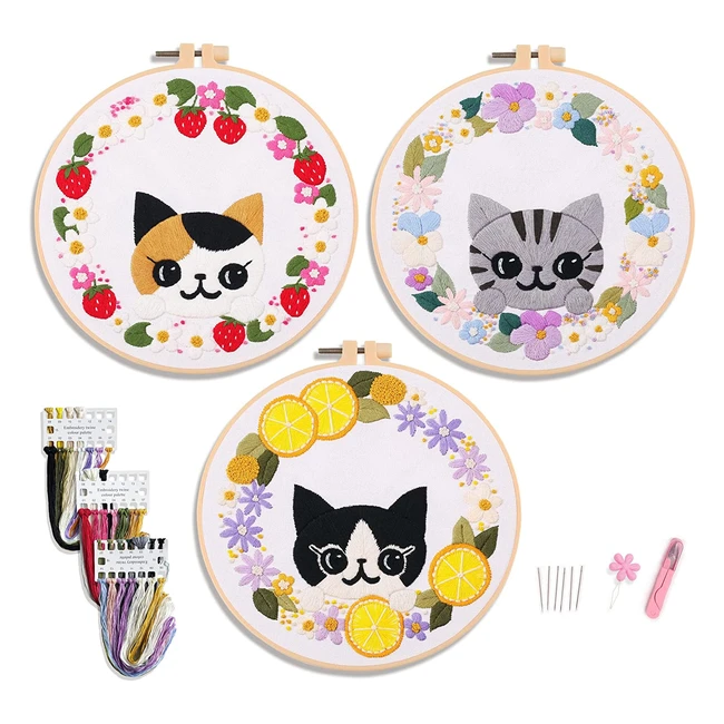 MyFelicity Cat Embroidery Kit - 3 Starter Set with Patterned Threads, Needles, Hoops & Instructions