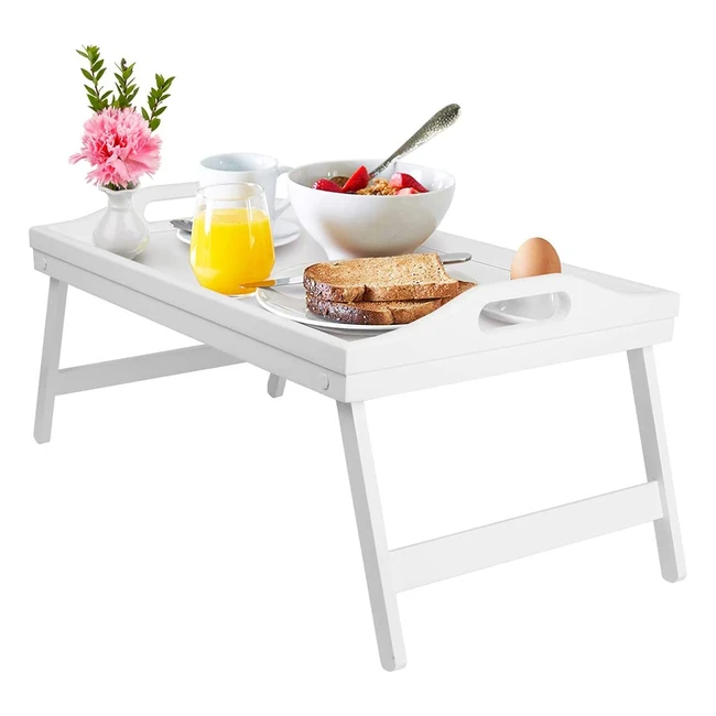 Wooden Bed Tray Table with Folding Legs - Elegant Serving Tray for Breakfast, Laptop, and Snacks - White