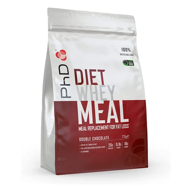 PhD Nutrition Diet Whey Meal - Sostitutivo Pasto Gusto Doppio Cioccolato - Ricco di Proteine e a Basso Contenuto di Grassi e Zucchero - 770g