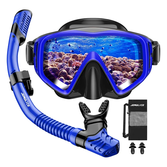 Juego de snorkel profesional Jemulice con gafas panorámicas de cristal templado y tubo seco plegable para adultos