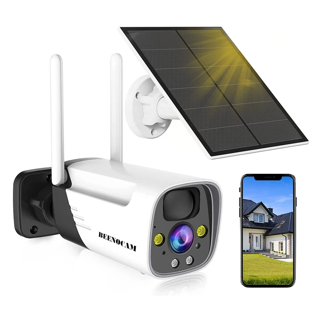 Caméra de surveillance extérieure solaire sans fil 2K 3MP avec détection de mouvement, audio bidirectionnel et alarme sonore - Beenocam