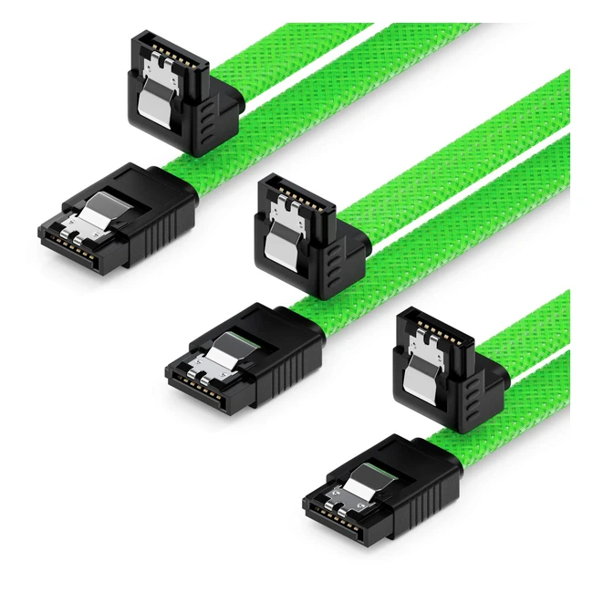 Set de 3 câbles Deleycon SATA III 50cm en nylon pour disques durs HDD/SSD - Débit de transfert jusqu'à 6 Gbits/s - Connecteur SATA coudé à 90°