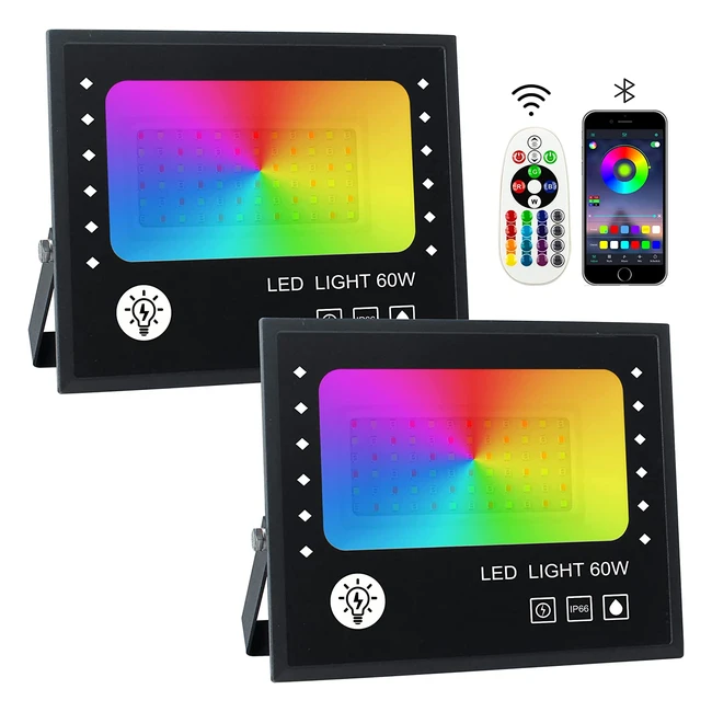 Foco LED RGB para exterior 60W con app Bluetooth y control remoto - IP66 impermeable - Proyector multicolor para jardín, terraza, Halloween - 2 unidades