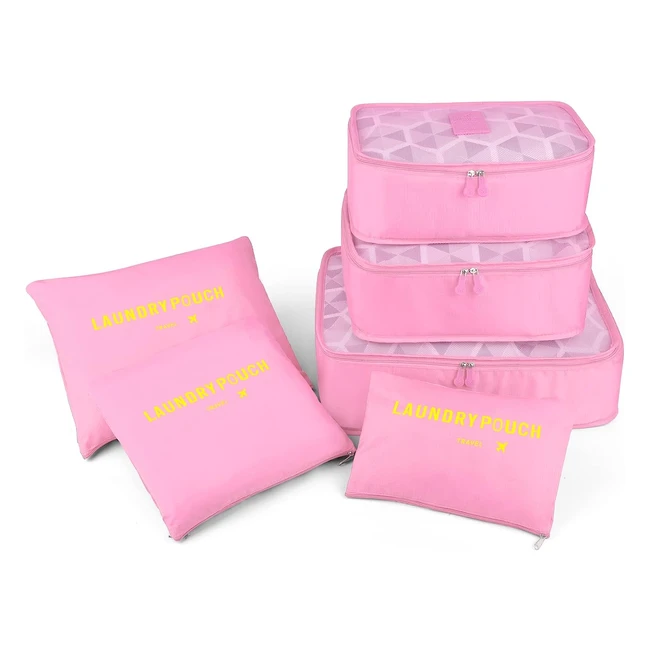 Cooja Packing Cubes - 6 Set Travel Luggage Organiser Bags with Laundry Bags - Waterproof and Space Saving - Pink