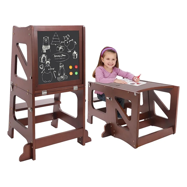 Tour d'apprentissage Yoleo transformable en chaise et bureau pour enfant - Bois naturel Montessori avec tableau noir et blanc