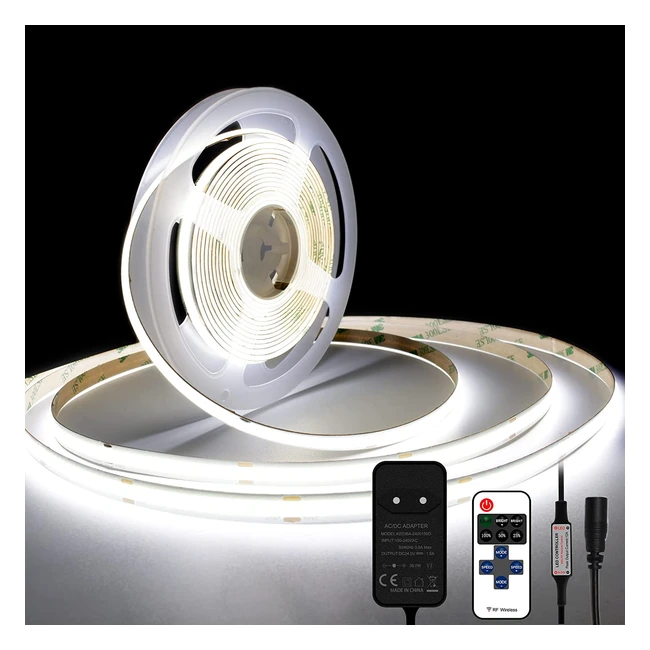 Striscia LED COB 5m 6000K - Alimentatore GS, Telecomando RF, Larghezza 8mm - Illuminazione Uniforme per Bar, Feste, TV e Camera da Letto