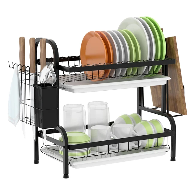 2 Tier Dish Drying Rack with Anti-Rust Coating and Removable Cutlery Holder - Large Storage for Bowls, Cups, and 17 Dishes