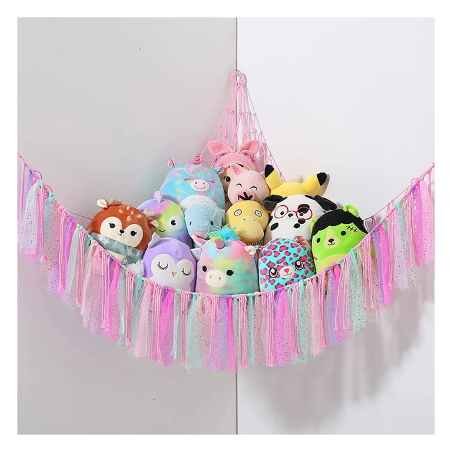 Teddy Hammock for Stuffed Animals - Handmade Macrame Boho Toy Storage Net with LED Lights and Safety Buckle Hooks - Keep Room Tidy and Spacious