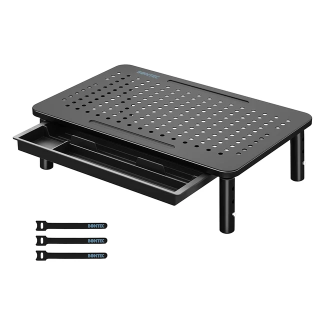 Bontec Monitor Stand with Drawer - 3 Height Adjustable PC Riser for Desk with Mesh Platform - Up to 20kg - Cable Ties Included