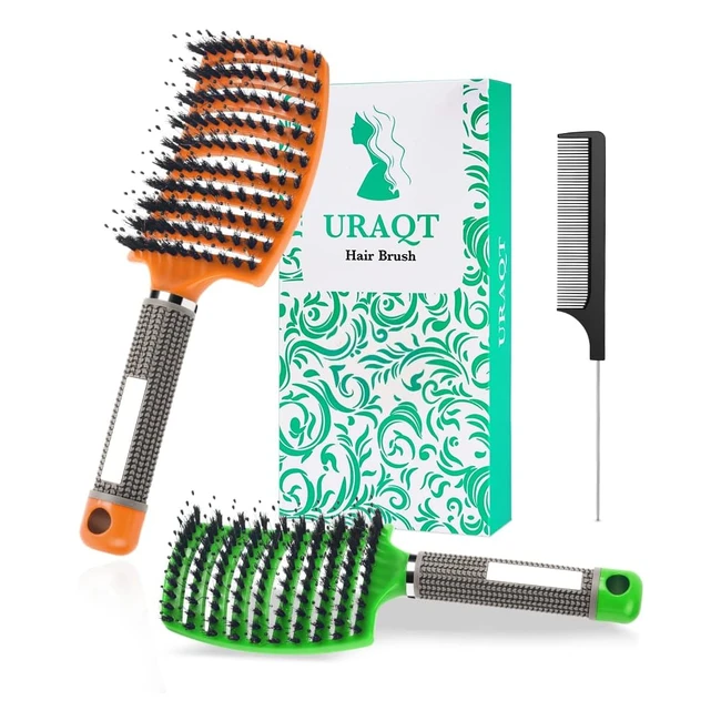 Cepillo de pelo URAQT con cerdas de jabalí y peine rizado antitirones - Reducción de encrespamiento y rotura
