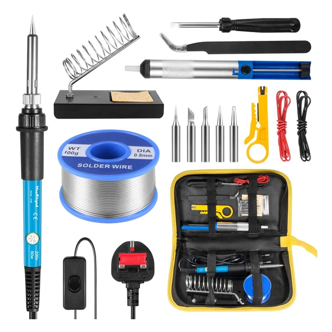 Soldering Iron Kit 60W with Adjustable Temp 5 Tips Desoldering Pump Wire Stri