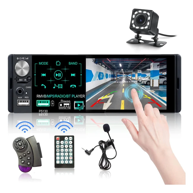 Autoradio Bluetooth Hikity 1 Din con Schermo 4.3'' Touchscreen, Radio Auto RDS FM AM, Supporto USB/SD/AUX-In, SWC, Telecamera Retromarcia e Microfono Esterno