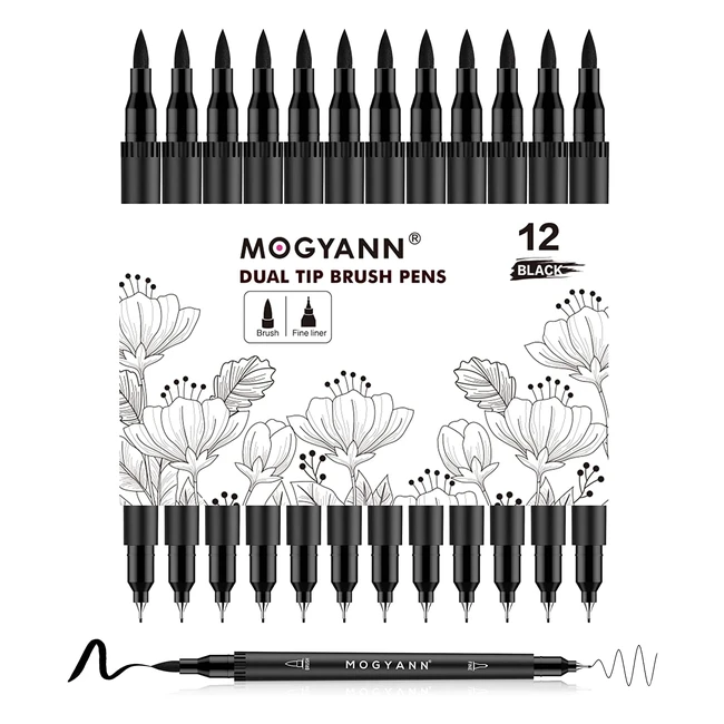 Mogyann Felt Tip Pens 12 Pack - Black Markers for Art, Drawing, Sketching - Dual Tip Design