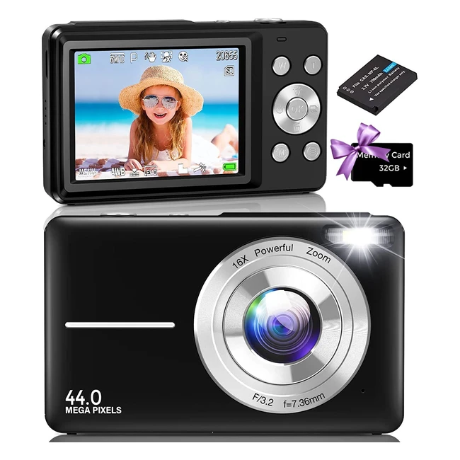 Digitalkamera mit 32GB Karte, 44MP, 1080p FHD, 16x Digitalzoom, tragbare Kompaktkamera für Kinder, Teenager und Anfänger, Schwarz