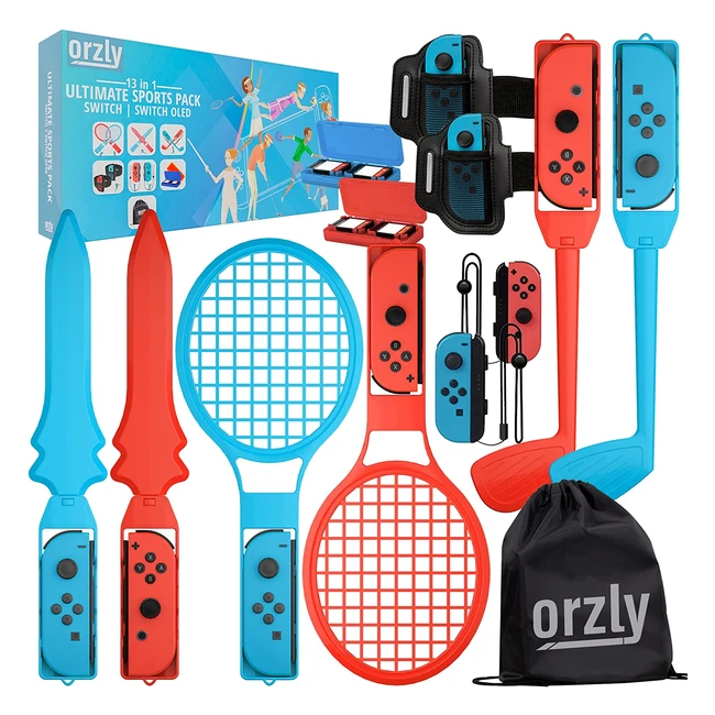 Ensemble d'accessoires pour jeux de sport Nintendo Switch Orzly 11-en-1 avec raquettes de tennis, clubs de golf, pes chambara, sangles de jambes de football, poignées Joycon et sac