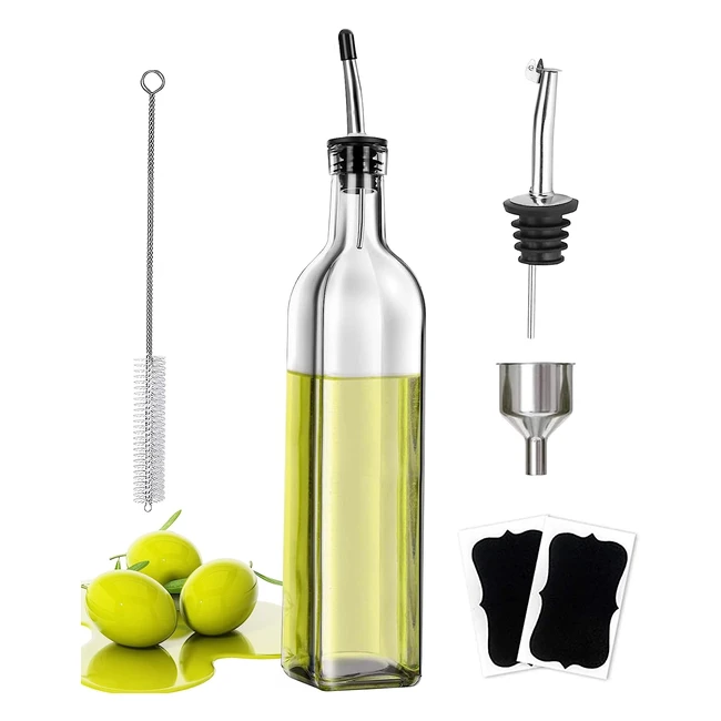 500ml Glass Olive Oil Dispenser Set with Pour Spout Funnel and Name Stickers -
