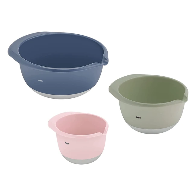EMSA K324S3 Prepbake Set: 3 Plastic Mixing Bowls, 14-47L, Nonslip Base, Pouring Lip, Dishwasher Safe
