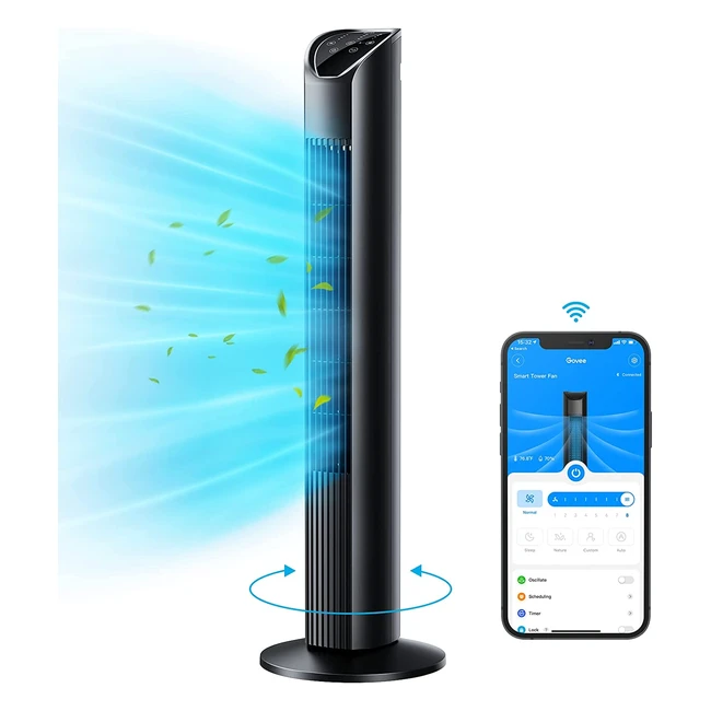 Govee WLAN-Säulenventilator 75cm mit Alexa und Google Assistant, 8 Geschwindigkeiten, 3 Ventilationsmodi, App-Steuerung, Timer, leise - Schwarz