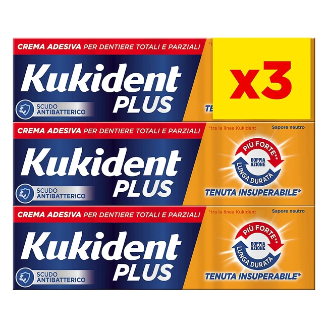 Kukident Plus Crema Adesiva Doppia Azione per Denti Totali e Parziali - 3 Confez
