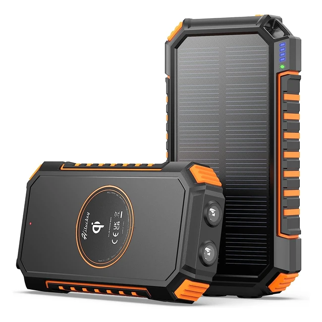 Hiluckey Wireless Solar Powerbank 26800mAh - Wasserdichtes Solar-Ladegerät mit USB-C - Externer Akku für Smartphones, Tablets und mehr