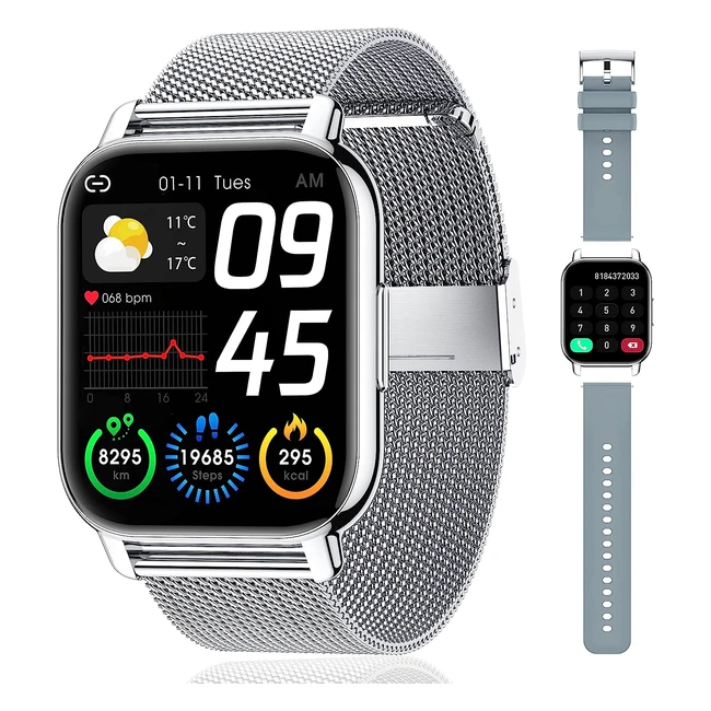 Popglory Smartwatch für Damen und Herren - 185 Zoll Touchfarbdisplay mit Bluetooth-Anrufe, Fitnessuhr mit SPO2, Blutdruckmessung, Herzfrequenz, Schrittzähler, Schlafmonitor