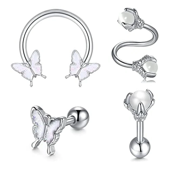 Stainless Steel Helix Tragus Earrings - Moonstone Butterfly Studs for Women Men - 16G, Safe Material