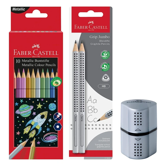 Fabercastell School Set 205028 - Metallic Colouring Pencils, Sharpener & 2 Jumbo Pencils