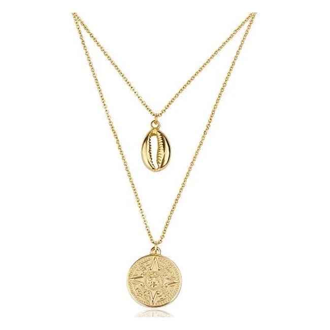Muschelkette für Damen - GD GoodDesigns EST 2015 - Kompass Anhänger - Mehrreihige Kette - Lange Muschelkette Gold