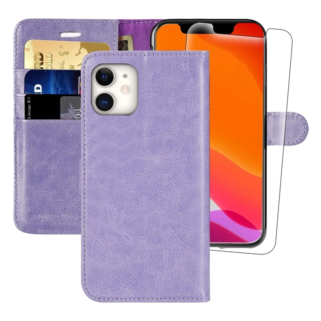 Monasay Wallet Case for iPhone 12 Pro/12 5G 6.1-inch - RFID Blocking Leather Flip Folio Cover w/ Card Holder & Screen Protector - Lavender