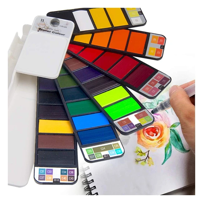 Ensemble de peinture aquarelle portable Fuumuui - 33 couleurs avec pinceau - parfait pour les artistes en déplacement